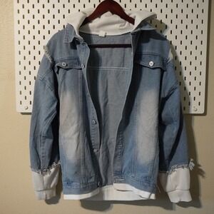 Hooded Denim Jacket Anime Graphic Patches Light Blue Jean Jacket Large